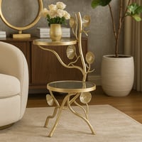 طاولة معدنية ذهبية - شكل زهرة - أسطح زجاجية