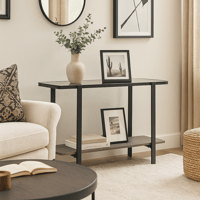 كونسول عصري بسطح زجاجي ورف خشبي وهيكل معدني أنيق.