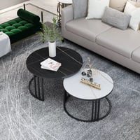 طقم طاولات دائرية حديد وسطح خشبي لونين بشكل رخامي