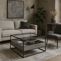 طاولة قهوة وسط رمادي – زجاج وخانات تنظيم خرسانية