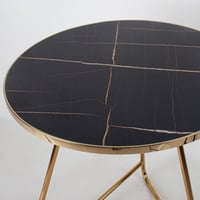 طاولة مفرد سطح خشب بشكل رخام اسود وقاعدة استيل