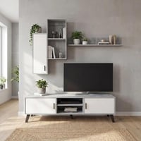 وحدة تلفاز عصرية 160 سم بتشطيب خشبي رمادي مع أرفف...