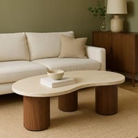 طاولة قهوة بيج - سطح خشبي وقاعدة خشبية أسطوانية