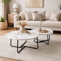 طقم طاولات قهوة وسط خشب أبيض - قواعد معدن