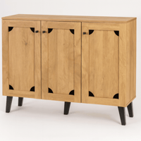 خزانة خشبية واسعة بتصميم عصري وأرجل سوداء أنيقة.