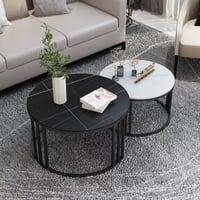 طقم طاولات دائرية حديد وسطح خشبي لونين بشكل رخامي