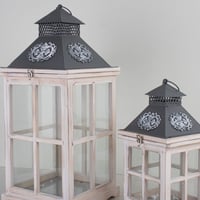 طقم فانوس خشبي مغتق - ابيض