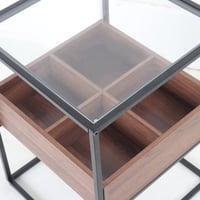 طاولة جانبية - سطح زجاجي - صندوق خشب - قواعد معدن