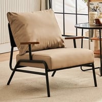 كرسي جلد بيج مربع - مساند خشب