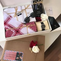 طقم جفنشي رجالي فاخر – شماغ أحمر، ساعة، عطر CHANAL...