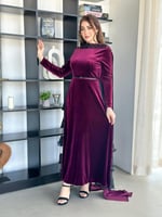 فستان سهرة مخمل عنابي مع قصة بالخلف كسرات الياقة م...