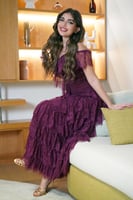 فستان طويل اوف شولدر برغندي قماش دانتيل