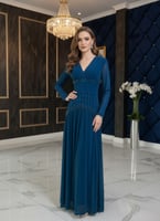 فستان سهرة تركواز تل استرتش بأكمام طويلة - تطريز ل...