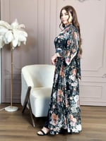 فستان سهرة مخمل رمادي بأكمام مفتوحة وقطعة شيفون من...