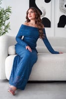 فستان سهرة تركواز أوف شولدر بتفاصيل لامعة أنيقة