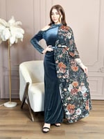 فستان سهرة مخمل رمادي بأكمام مفتوحة وقطعة شيفون من...