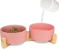 صحن طعام مزدوج سيراميك عدد اثنين بقاعدة خشب