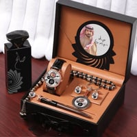 طقم ساعة رجالي جلد بالاسم والصورة