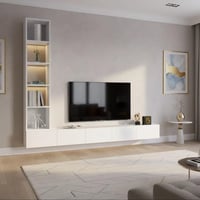 طاولة تلفزيون ابيض جدارية مع أرفف جانبية مضاءة - م...