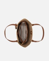 شنطة نسائية جلد بلون بني وبيج