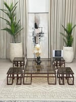 طقم طاولات ارضي 5قطع سطح زجاج قاعده حديد لون بني