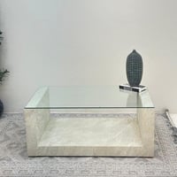 طاولة يو سطح زجاج قاعده بديل حجر خشن