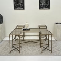 طقم طاولات 5قطع سطح زجاج قاعده حديد لون زيتي معدني