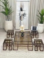 طقم طاولات ارضي 5قطع سطح زجاج قاعده حديد لون بني