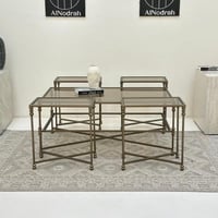 طقم طاولات 5قطع سطح زجاج قاعده حديد لون زيتي معدني