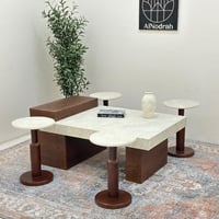 طقم طاولات 5قطع سطح بديل حجر ملمس خشن قاعده خشب قش...