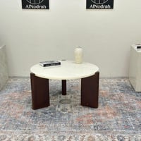 طاولة دائري سطح بديل الرخام قاعده خشب لون بني