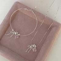 925 فضة سوار ربطة فيونكه الشريط الوردي القلب ستار