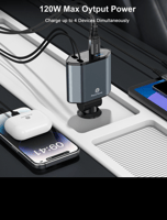 شاحن سيارة 120 واط متعدد المخارج مع كابلات مدمجة م...