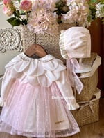 فستان 0-3 الى 1 سنه مع القبعه الفرنسيه