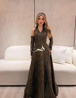 فستان سهره كلوش زيتي انيق ترتر راقي بحبل خلفي وأكم...