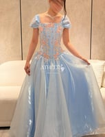 فستان سهرة طويل سماوي كورسيه مطرز بالورود وأكمام م...