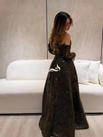 فستان سهره كلوش زيتي انيق ترتر راقي بحبل خلفي وأكم...