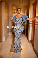 فستان سهرة دانتيل مطرز بأكمام منفوشة