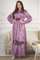 فستان طويل ستان لف ورد الربيع مزين بحزام ورد