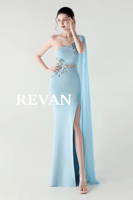 فستان سهرة بحري بكتف واحد وتطريز زهري من ريفان