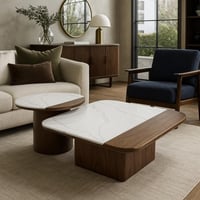 طقم طاولات أنيق يجمع بين سطح رخامي أبيض وقاعدة خشب...