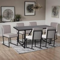 طقم طاولة سفرة كبيرة خشب هندسي بني مع 6 كراسي قماش...