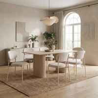 طاولة طعام بيانكا خشب بيج مع 6 كراسي قماش كريمي بأ...