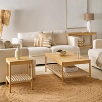 طاولة جانبية مستطيل خشب طبيعي برف خيزران للتخزين -...