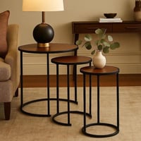 طقم 3 طاولات خدمة أروى بسطح خشب بني و قواعد معدن -...