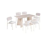 طاولة طعام لياندرا خشب بيج مع 6 كراسي قماش كريمي ب...