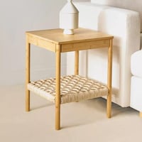 طاولة جانبية مستطيل خشب طبيعي برف خيزران للتخزين -...