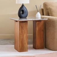 طاولة جانبية بسطح رخام طبيعي بقاعدة خشب طبيعي - من...