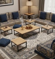 طقم طاولات شاي 5 قطع سطح خشبي مستطيل بقاعدة معدن ا...