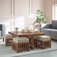 طاولة قهوة كالنيرا خشب صلب بني و4 كراسي قماش بيج ق...